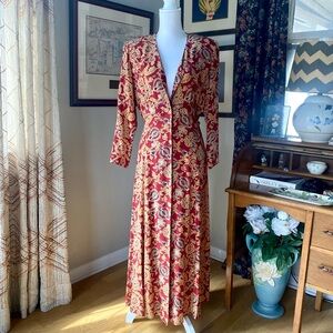 SOLD 1980s Ann Taylor red floral 100% silk maxi shirtdress